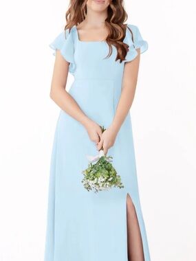 Azazie Light Blue Flutter Sleeve Square Neck Kids Dress